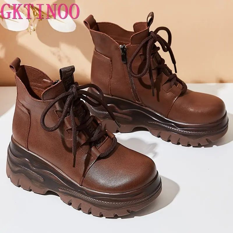 GKTINOO Genuine Leather Ankle Shoes Women Boots Round Toe Lace-up Retro 2024 New Autumn Winter Handmade Leisure Platform Boots