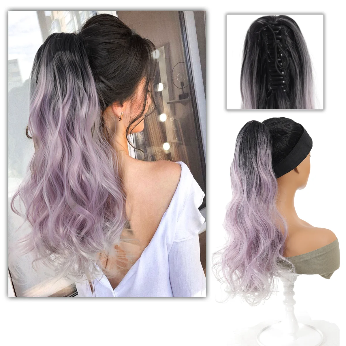 Synthetic women's gradient color, black, gray, purple, curly hair clip style, ponytail, hair supplement, women's wig, hair braid