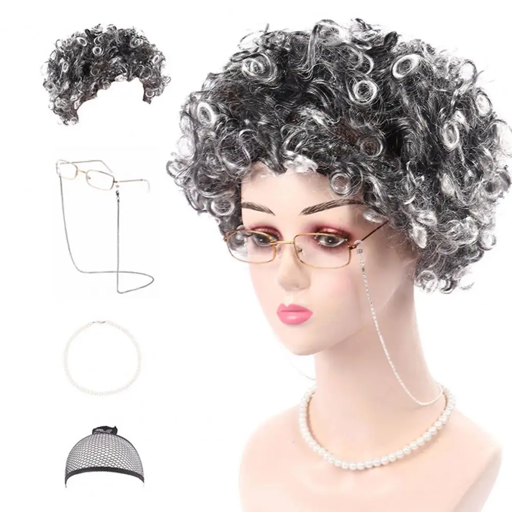 Old Lady Costume Set Halloween Women Wig Female Short Curly COS Old Lady Silver White Hair Performance Granny Granny Headset