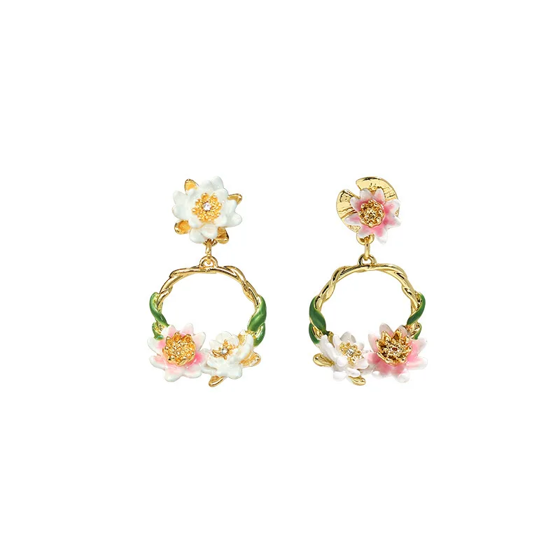 New Trendy Forest Style Enamel Monet Garden Series Water Lilies Tequila Earstuds Ear Clips Niche Eardrops Temperament Versatile