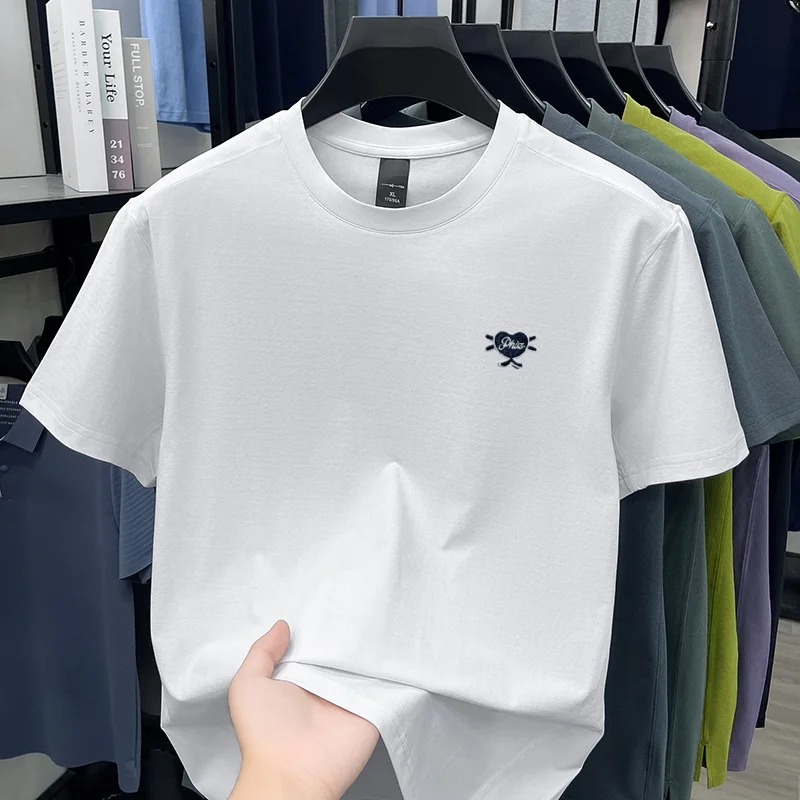 Fashion heart-shaped embroidered short sleeve T-shirt men's high-end brand summer new comfort breathable casual round neck top