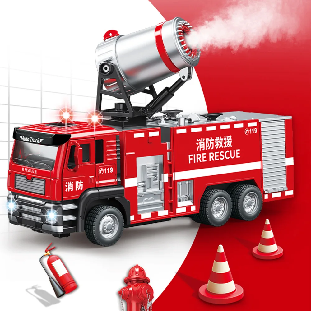 Coche modelo de motor de bomberos de aleación 1:50 50001P, vehículo de juguete de agua pulverizada con luz de sonido de simulación para niños