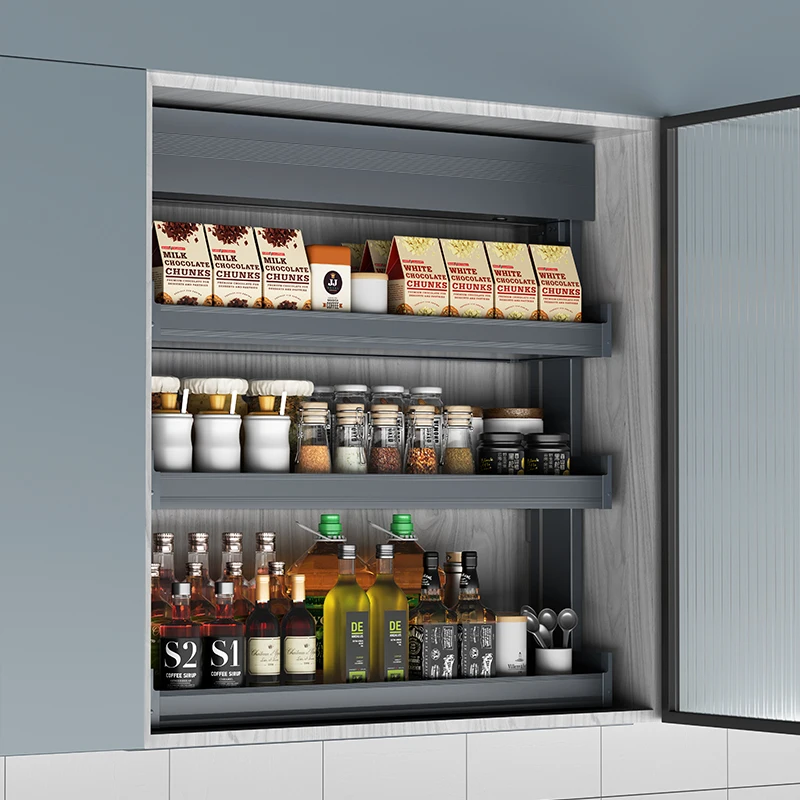 تاجر الجملة خزانة المطبخ الكهربائية تصميم مخصص الذكية رفع تخزين المطبخ 3 طبقات خزانة سلة الرفع التلقائي #6