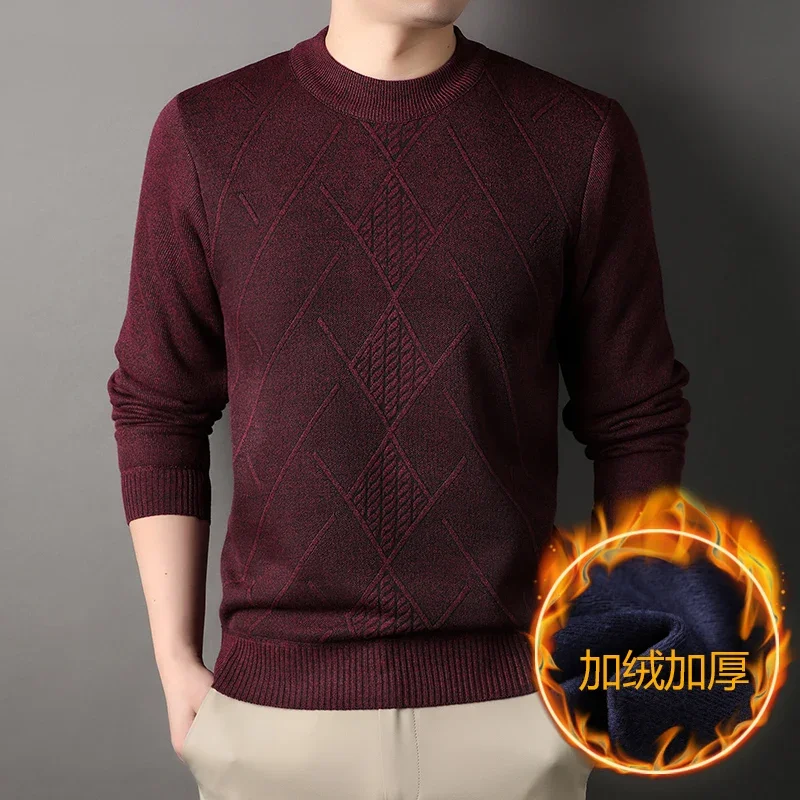 Autumn Winter Daily Wear Men Warm Sweater Diamond Woven Knitting Thick Plush Inner Elastic Rib Cuff Pullover
