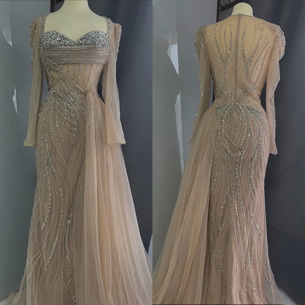 Serene Hill Customized 2025 Saudi Nude Beaded Crystal Arabic Evening Dresses Gowns with Overskirt for Formal Occasion LA72812