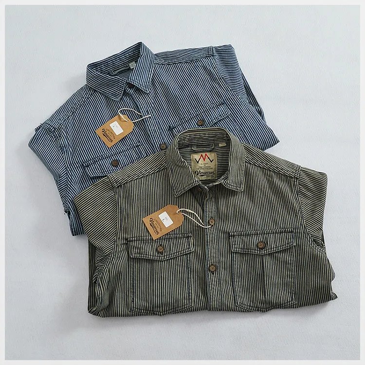 High-End Men's Striped Shirt Heavy-Duty Workwear Double-Pocket Jacket Loose Fit Large Size Outerwear for Autumn Fashion City ...