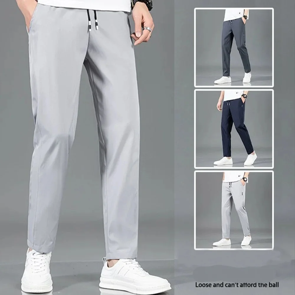 Ice Silk Men's Pants Black Gray Thin Business Casual Pants Hombre Plus Size Outdoor Elastic Breathable Straight Leg Sweatpants