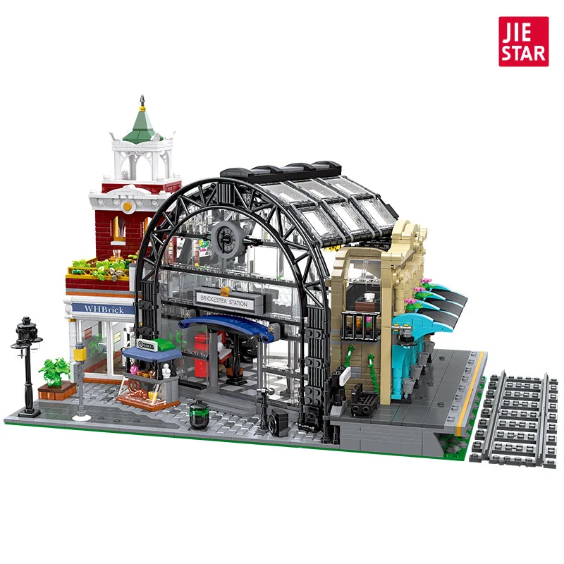 JieStar-décennie s de construction de gare de simulation, blocs MOC éclairés par LED, ensemble de jouets de bricolage, 89154