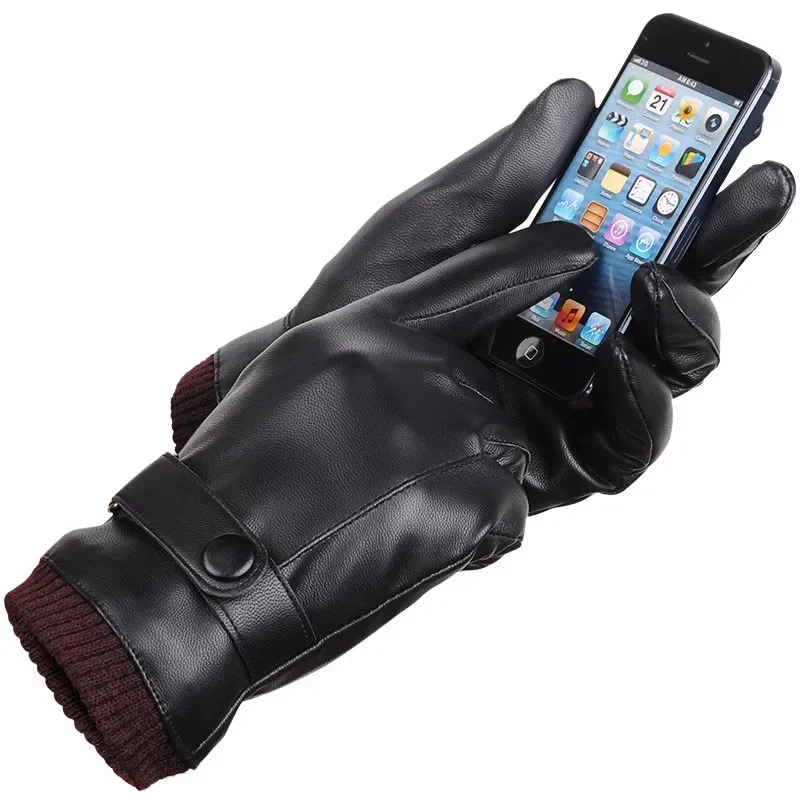 High Quality Men PU Leather Gloves Autumn Winter Warm Touch Screen Full Finger Black Gloves