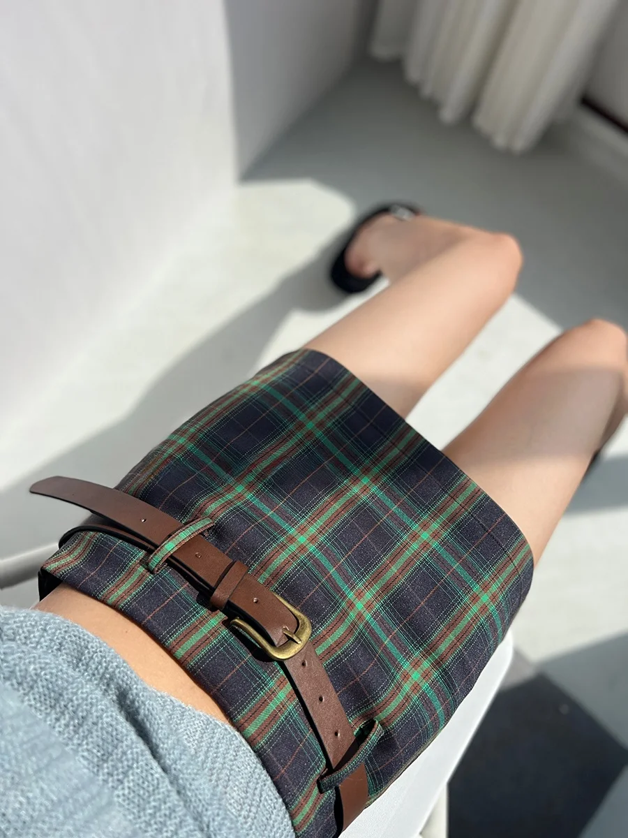 Classic Campus Style Color Block Plaid  Skirt Women's Sexy Low Waist Belted Short Skirt Bodycon Half-length Skirt