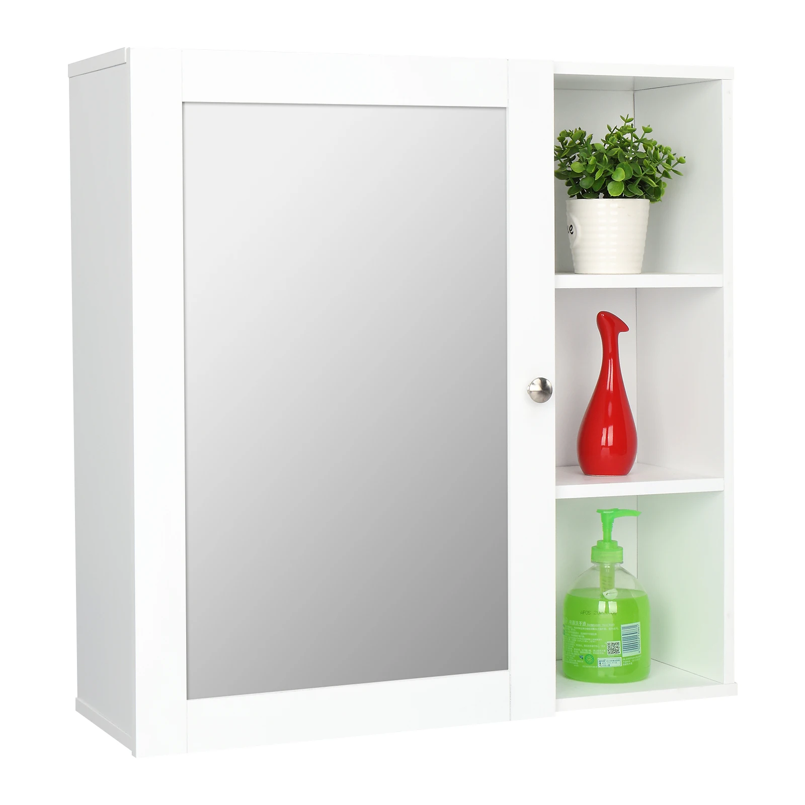 

Bathroom Wall Cabinet Single Mirror Door 3 Compartment Storage Cabinet MDF White Spray Paint[US-Stock]