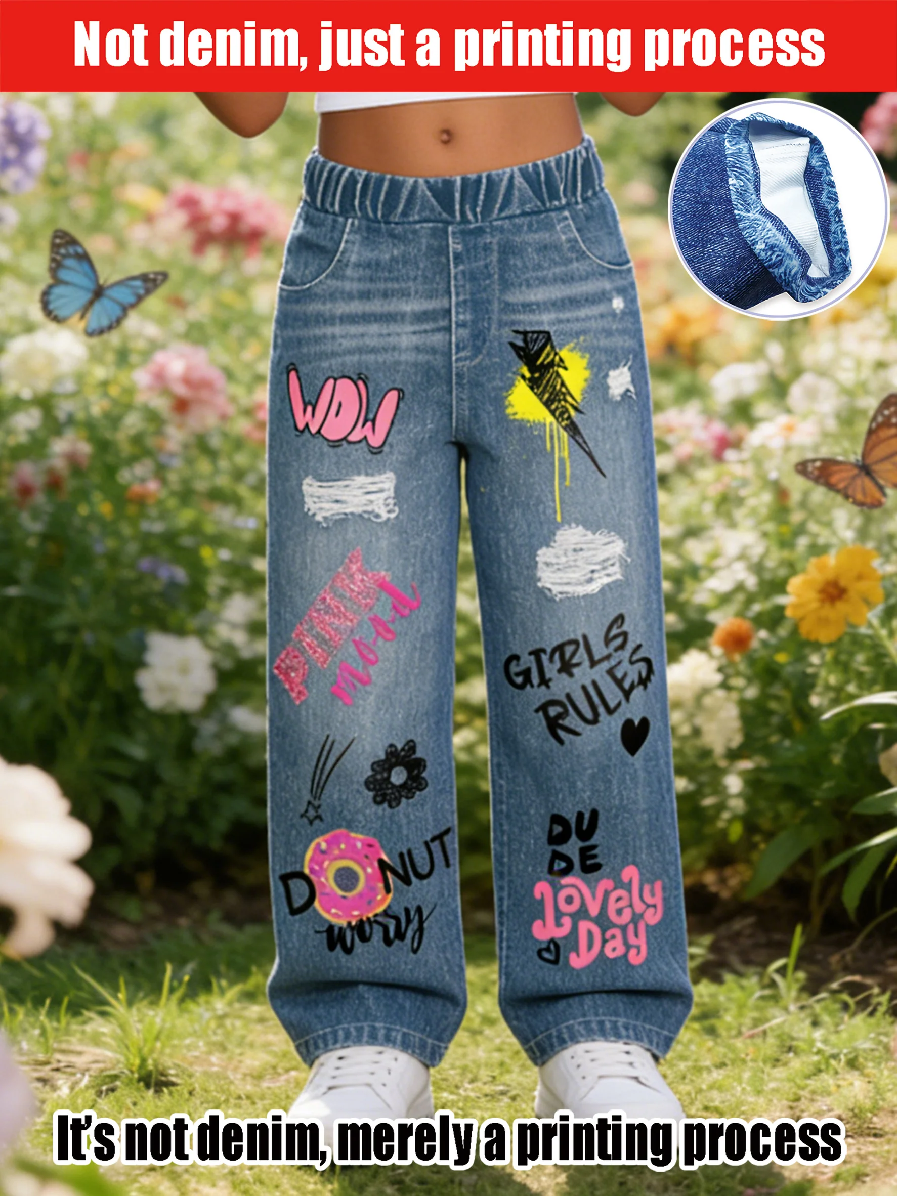 

2026 children's light blue imitation denim elastic waist wide-leg pants, old holes + childlike graffiti