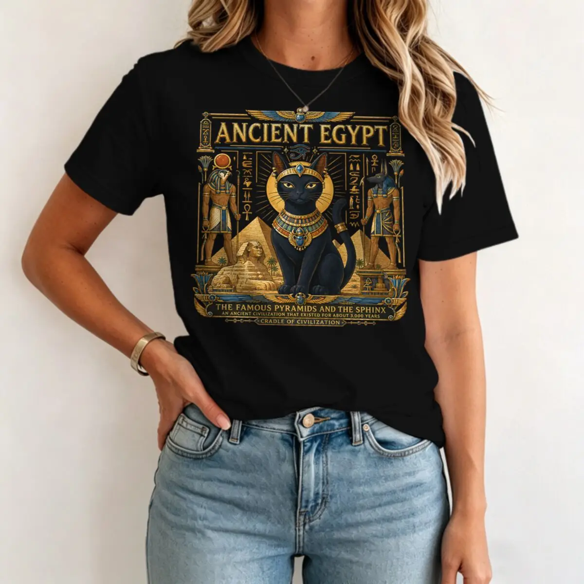 Ancient Egypt Sacred Black Cat T-shirts Women Men Vintage Myth Graphic Print Tops Short Sleeve Fashion Cat Lover Tshirts Gifts