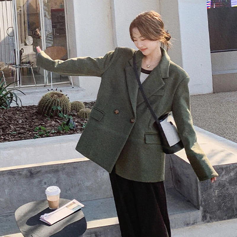 Women Korean Woolen Blazer Vintage Loose Casual Button Office Lady Suit Coats Elegant Autumn Aesthetic Green Simple Jacket New
