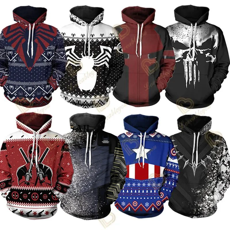 Christmas Deadpool 3D Hoodies Men Streetwear Hip Hop Warm Hooded Sweatshirts Men Casual Spider Hero Hoodies Men Clothes