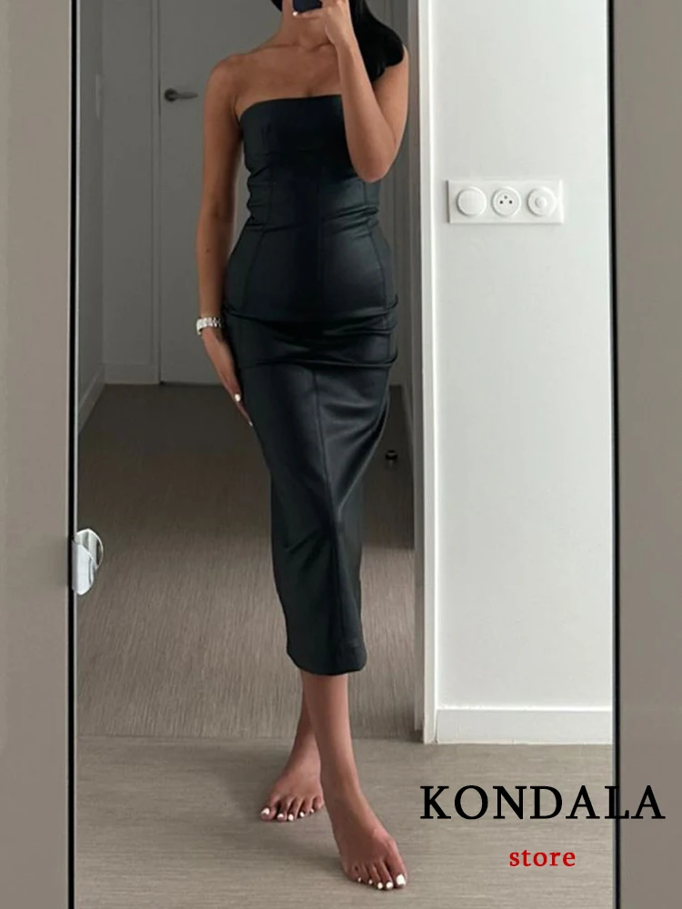 KONDALA Sexy Tube Solid Black Women Dress Sleeveless Leather Sheath Midi Dress New Fashion 2023 Autumn Evening Night Club Dress