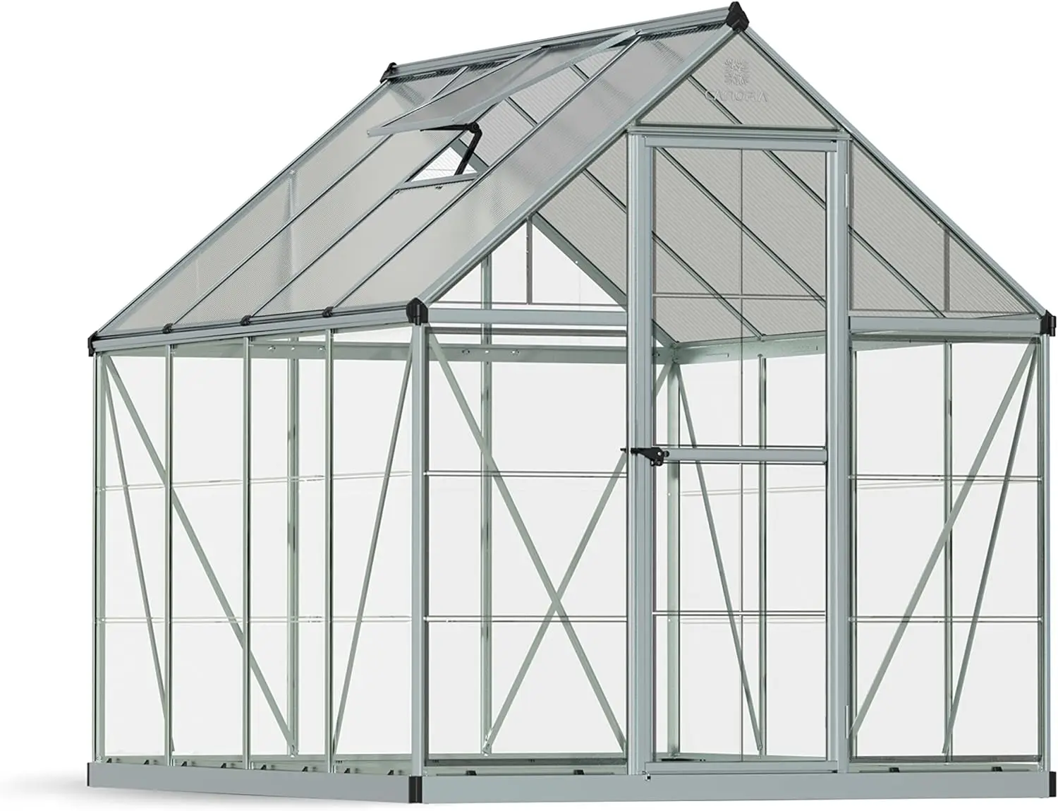 Palram Canopia Greenhouse Kit 6' X 8' Hobby Walk-In Polycarbonate Heavy Duty Aluminum Frame Lockable Door ,Plant Hangers And