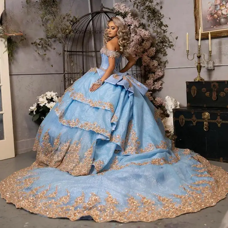 

Light Blue Glitter Crystal Ruffles Mexican Quinceanera Dress Ball Gown Gold Appliques Lace Corset Vestidos De XV Anos