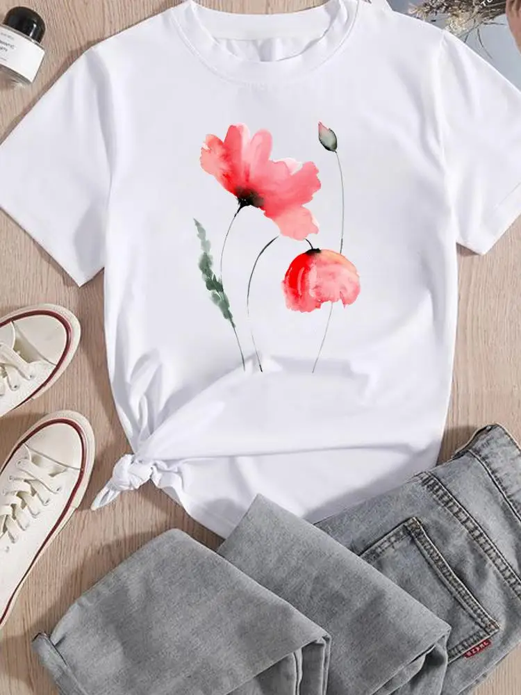 Bloem Aquarel Trend 90S Bedrukt Grafische T Top Vrouwen Mode T-Shirt Cartoon T-Shirts Tee Casual Dame Print Kleding