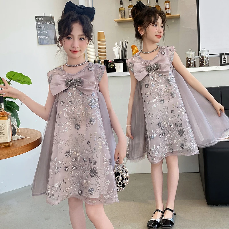 2025 New Girl's Dress Big Butterfly sequin yarn dress Summer Princess dress Party girl dress Short sleeved dress