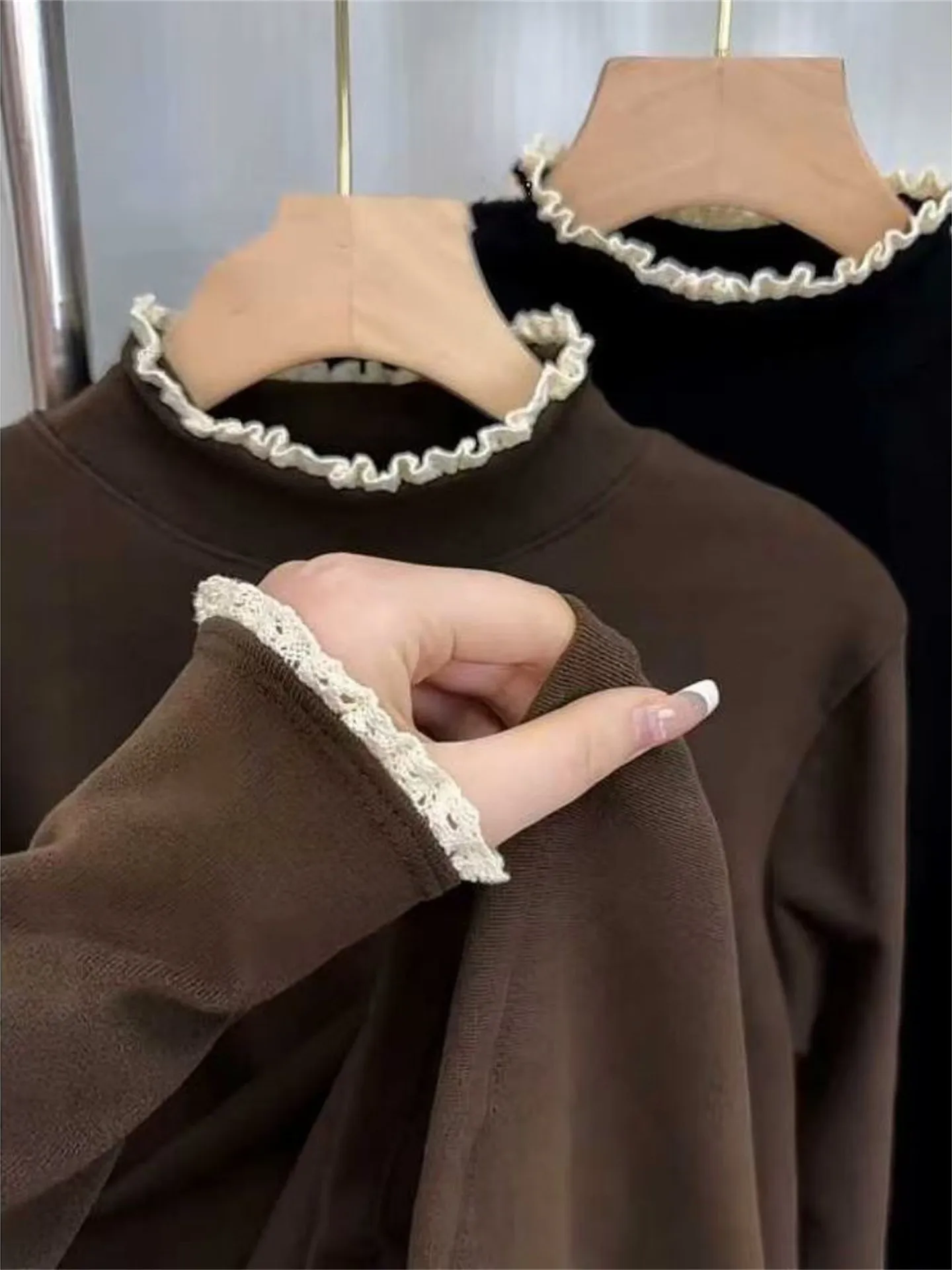 

Длинная кружевная футболка-база для женщин, облегающая, теплая, в корейском стиле, для повседневной носки, больших размеров, нижняя одежда