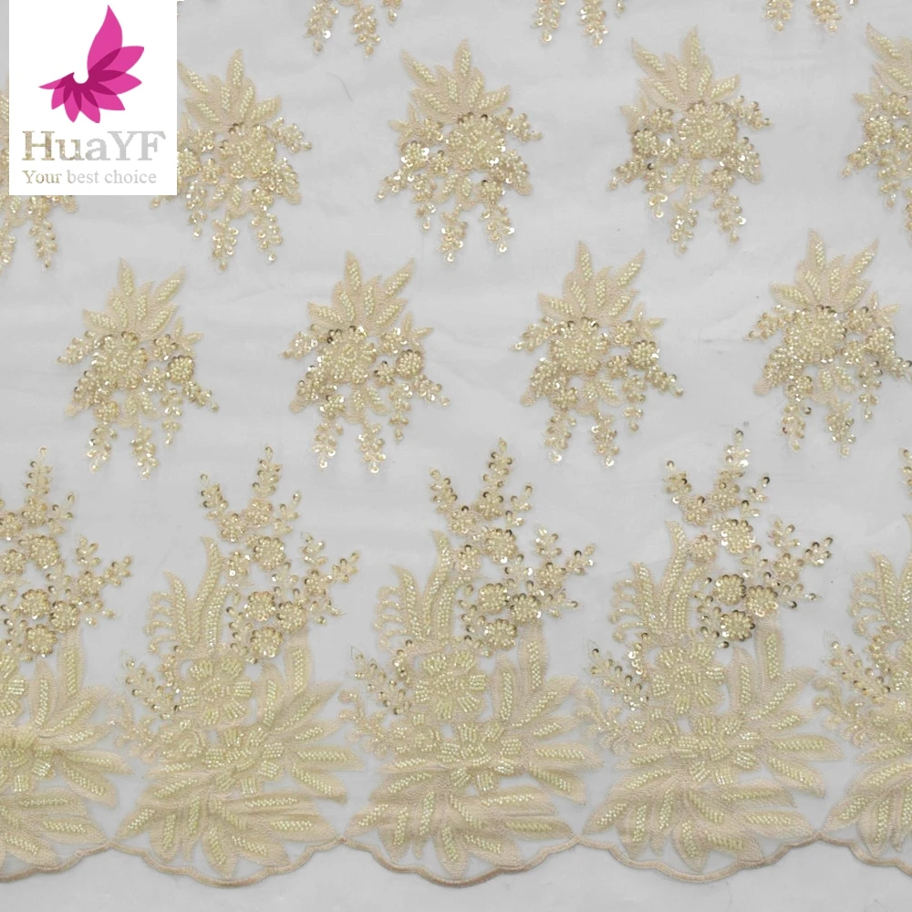 

Роскошная французская кружевная ткань цвета шампанского с вышивкой цветов и бусинами, женская ткань для юбки, 5 ярдов HY1746