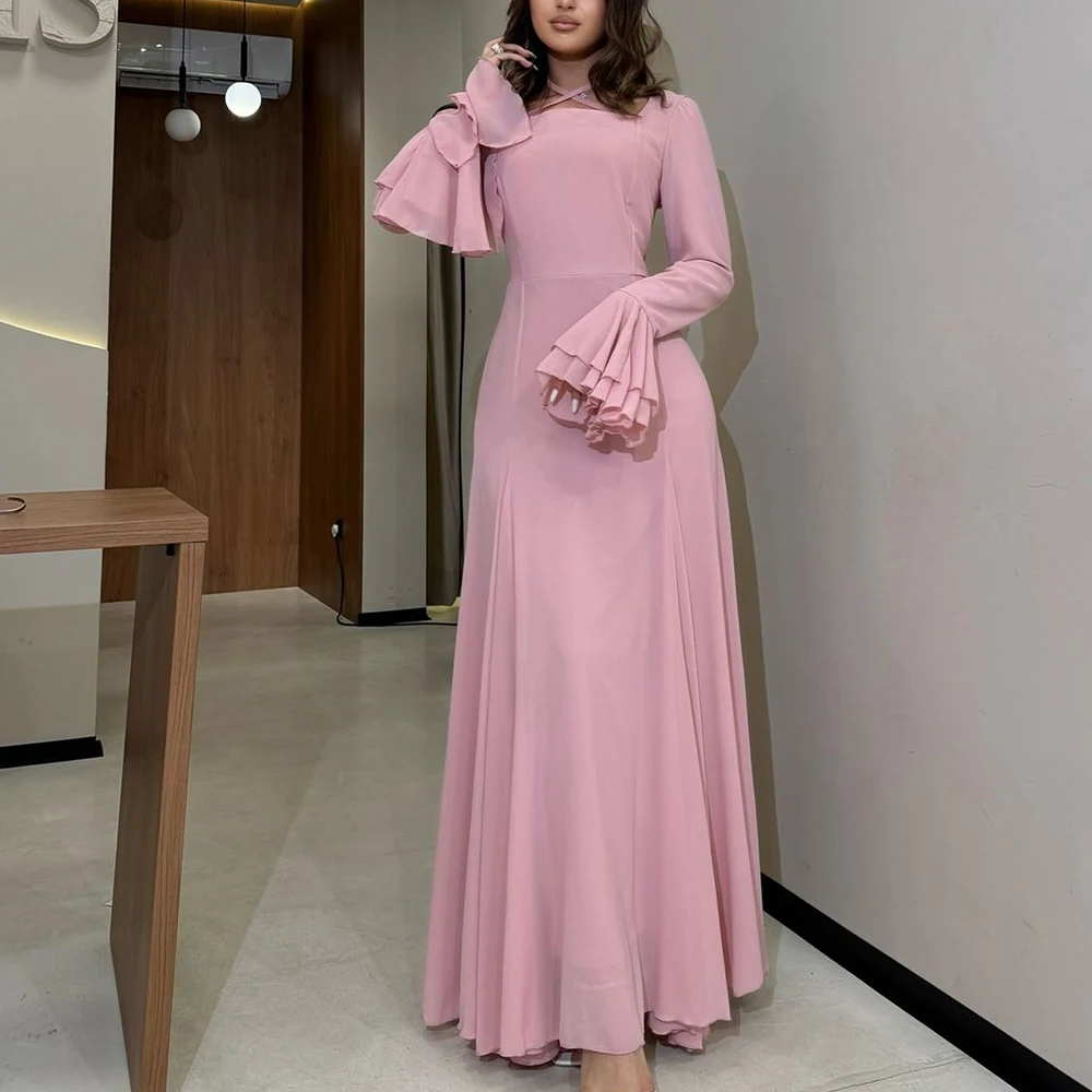 Customized Chiffon Criss-Cross Halter Long Sleeves Floor Length Pleats Ruffles Flare Sleeves Sweep Train Graceful and Fashion Ev