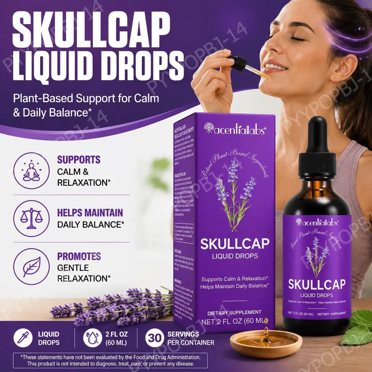 Acentilabs Skullcap Liquid Drops for Calm & Relaxation Support, 1000 Mg Skullcap Extract Per Serving, Daily Balance Help, 60 ML