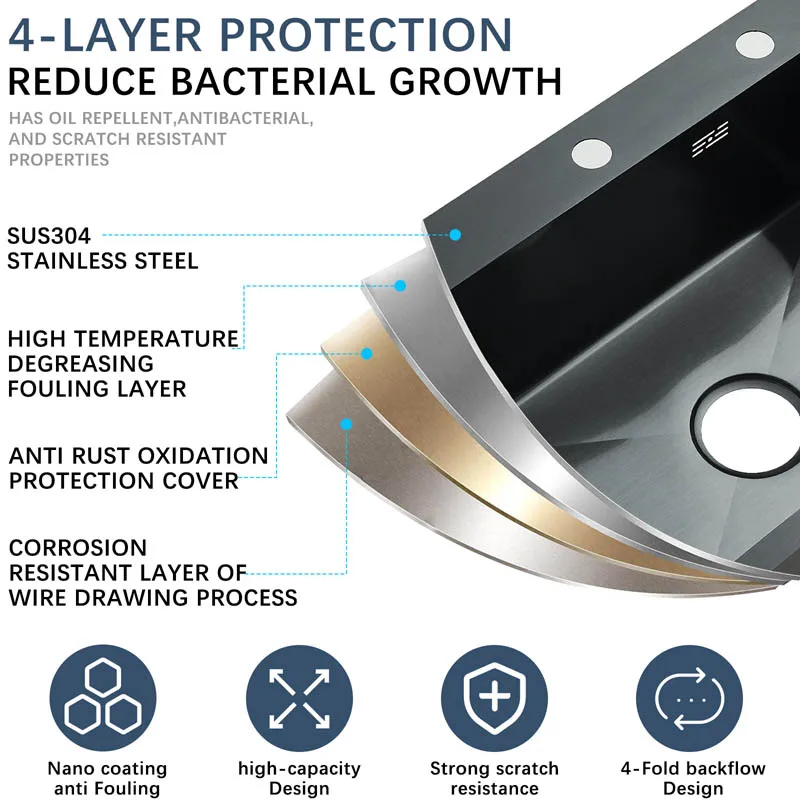 304 5 Water Discharge Modes Stainless Steel Waterfall Kitchen Sink Large Single Slot Integrated Digital Display Faucet Set