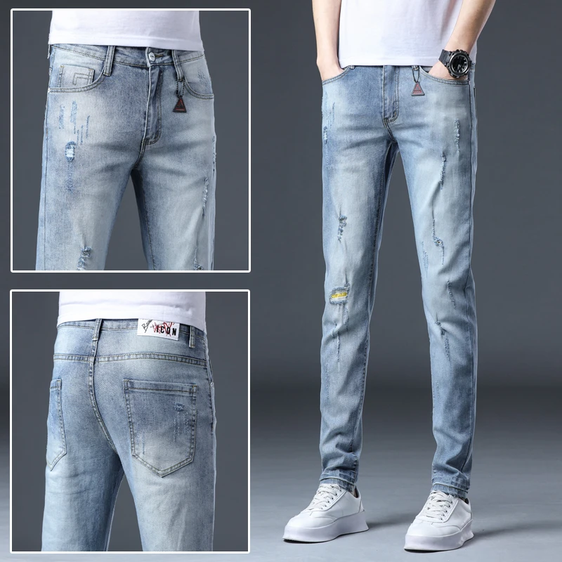 

Jeans Men's Elastic Hip Hop Hole Korean Version Straight Comfortable All-match Pants Men's Casual Trend Spring and Autumn Pop