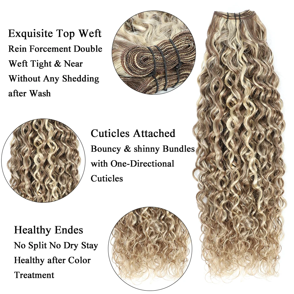 Water Wave Human Hair Weft Extension Dirty Blonde Curly Hair Sew In Weft Hair Extensions Double Weft Remy Hair Wet And Wavy 100G view 3