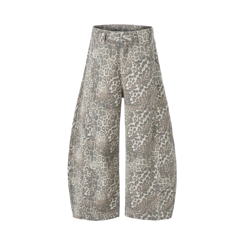 

2025 Autumn Retro Leopard Print Jeans for Men's Fashion, High end Bent Knife Version, Loose Floor Pulling Wide Leg Pants