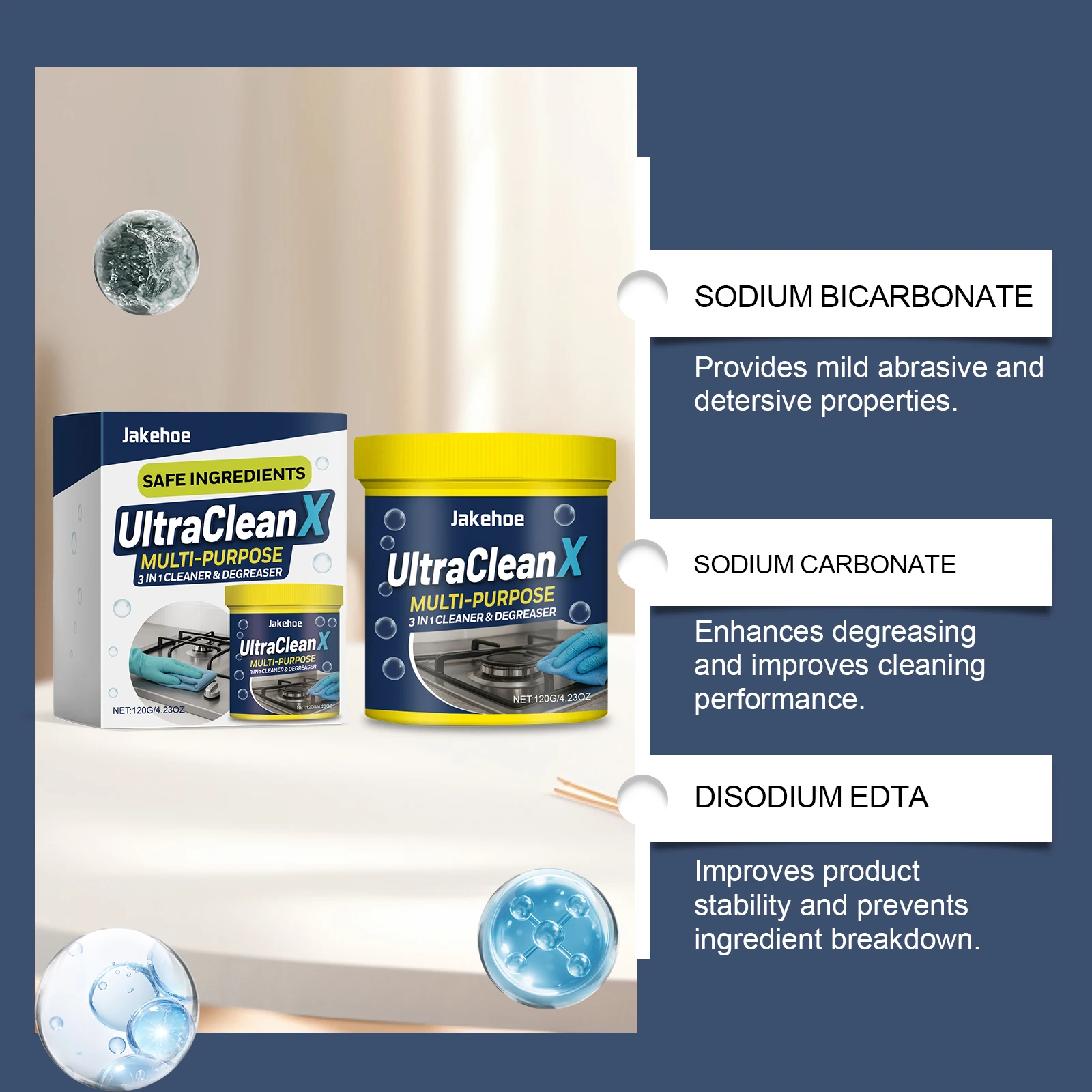 Multi-Purpose Cleaning Powder Cleaner for Kitchen Bathroom Tiles Stain Remover Eco-Friendly Scouring Powder for Variety Surfaces