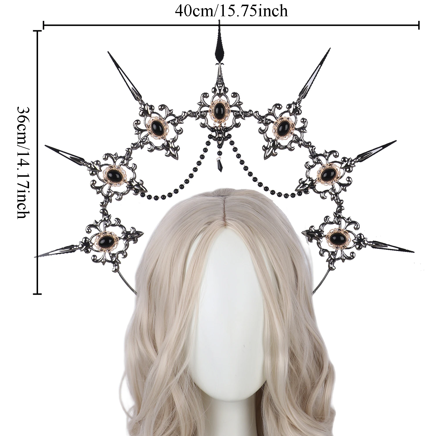 Collar de corona de Halo KC con pinchos negros, tocado para mujer y niña, diadema gótica de diosa, cadena de cuentas barrocas de la Virgen María, accesorios para el cabello