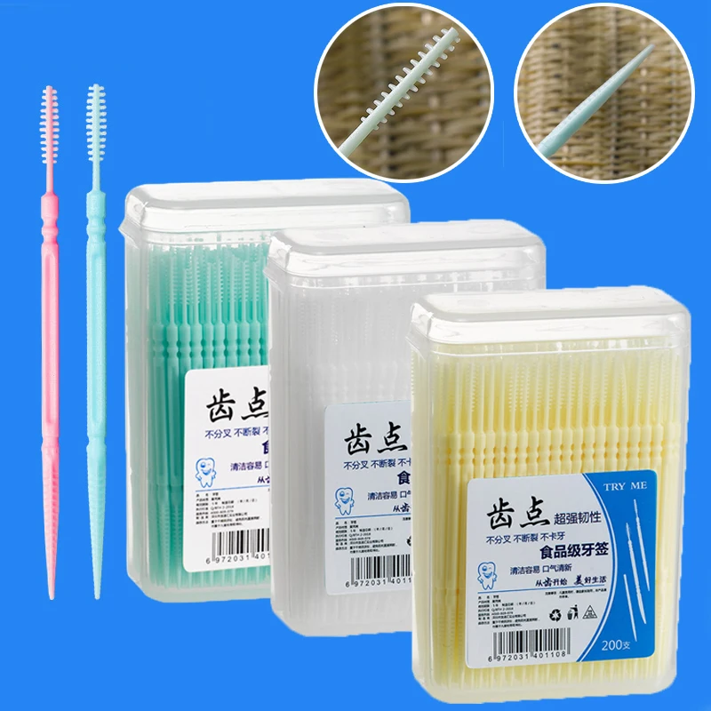 200Pcs Plastic Toothpick Double-Headed Teeth Cleaning Oral Care Interdental Brush Toothpick Floss Disposable Teeth Hygiene