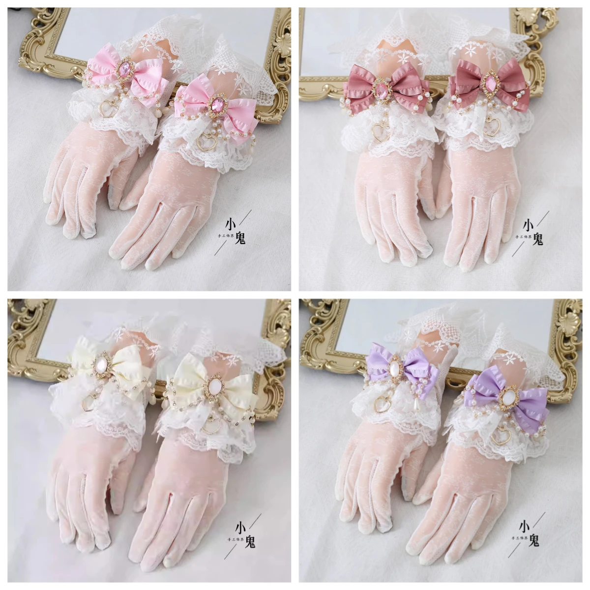 Original Design Lolita Multi-color Lace Bow Bead Chain Finger Sunscreen Retro Elegant Lolita Gloves for Women