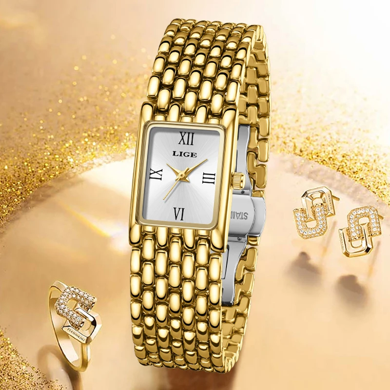 LIGE Elegant Women's Watches Top Brand Luxury Square Gold Roman Numerical Dial Waterproof Quartz Wristwatch Ladies Clock Gift