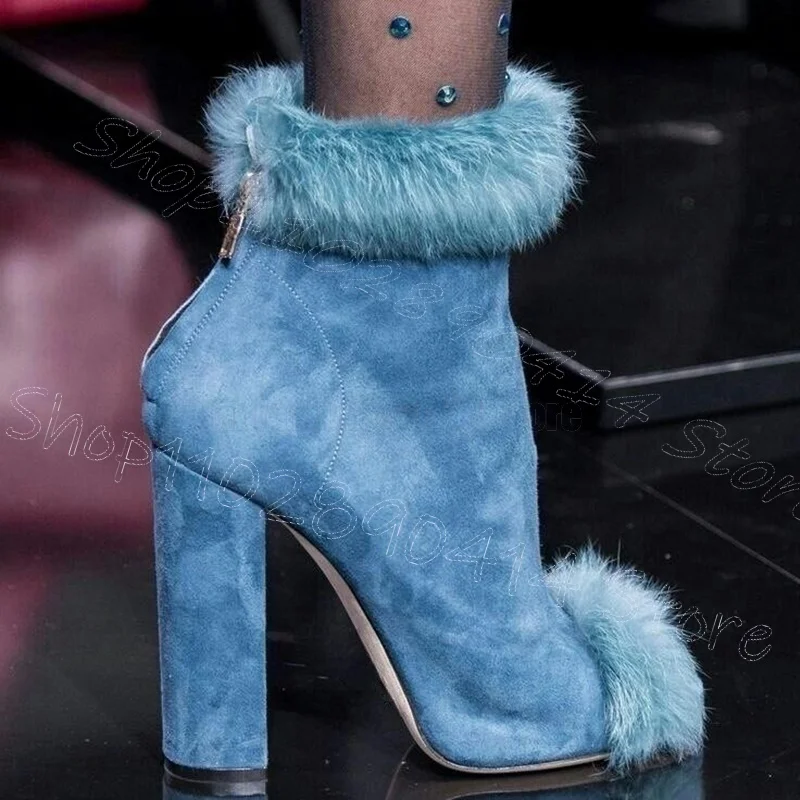 

Sky Blue Fur Design Suede Ankle Boots Back Zipper Women Shoes Chunky High Heels Party Banquet Runway 2026 Zapatos Para Mujere