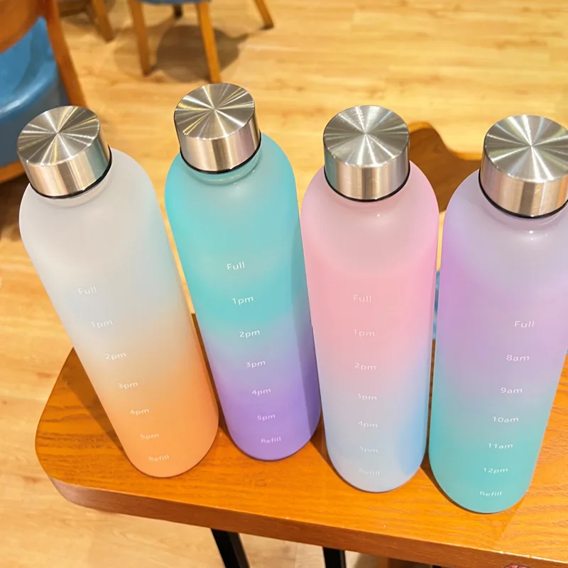 1L Water Bottle With Time Marker Motivational Reusable Fitness Sports Outdoors Travel Leakproof BPA Free Frosted Plastic Mug Cup