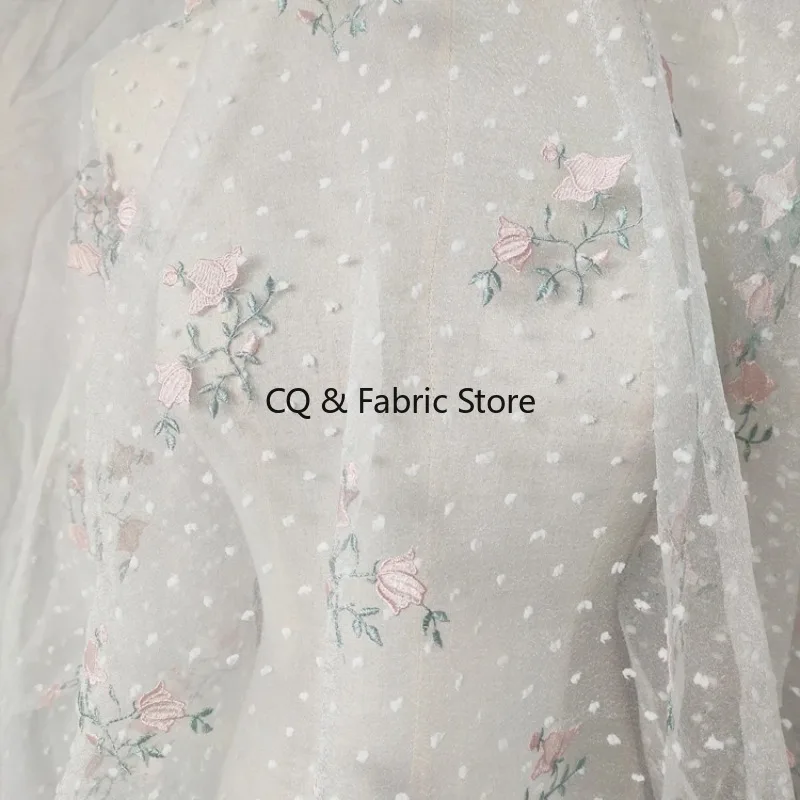 

White Mesh Flower Embroidery Polka Dot Lace Fabric For Wedding Dress Doll Clothes Accessories