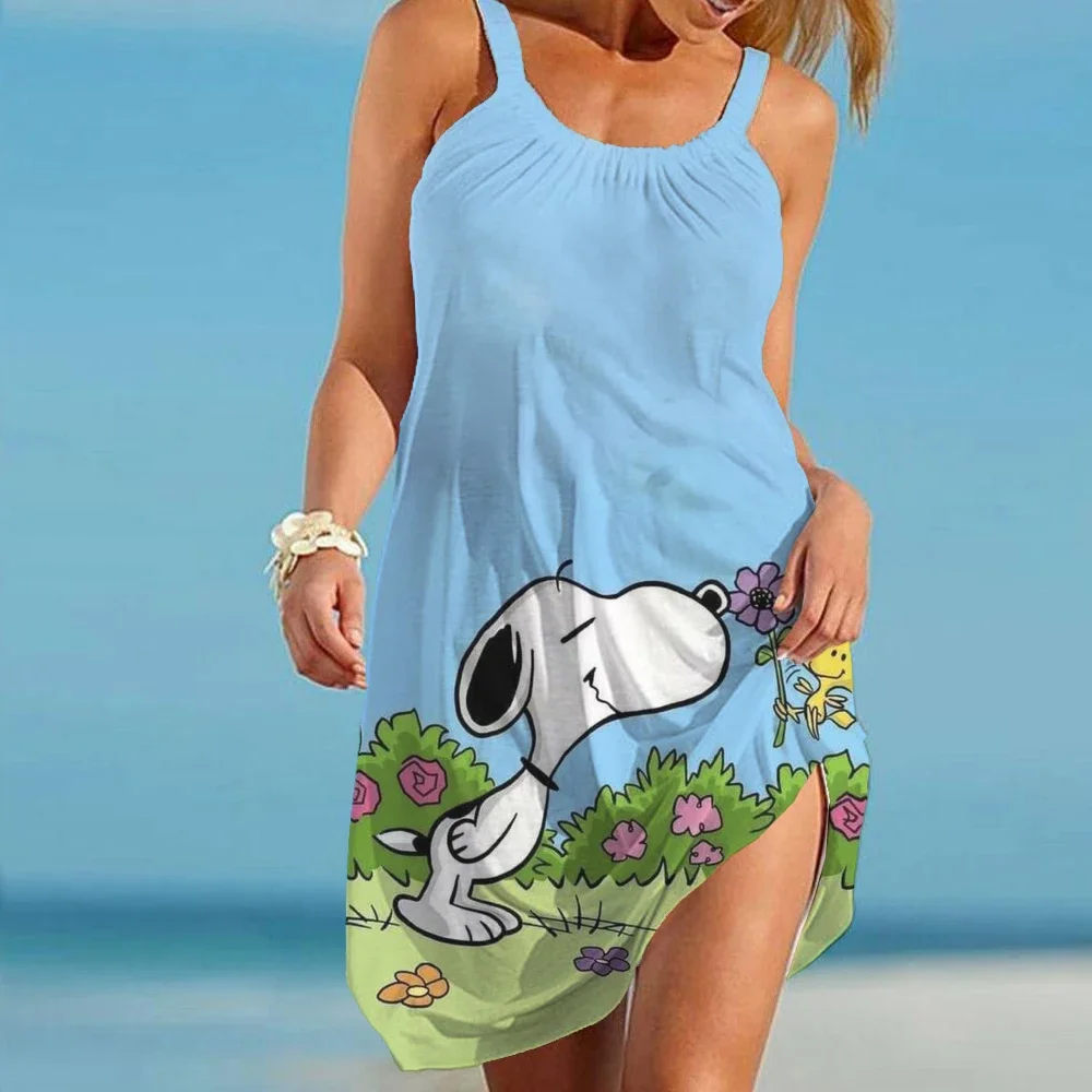 Vestido corto con estampado de Snoopy para mujer, minivestido de cuello redondo de Estilo Hawaiano, informal, sin mangas, holgado, para playa, Verano