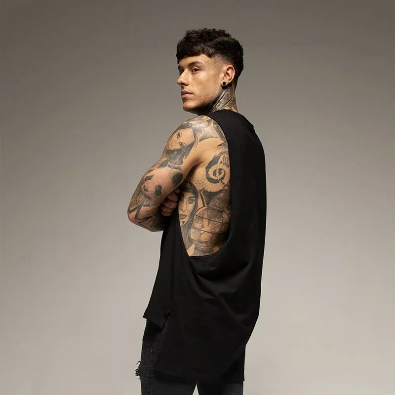 Plain Mens Fitness Sport Clothing Gym Bodybuilding Muscle Tank Tops Cotton Hip-Hop Singlets Extend Cut Off Sleeveless T-shirts