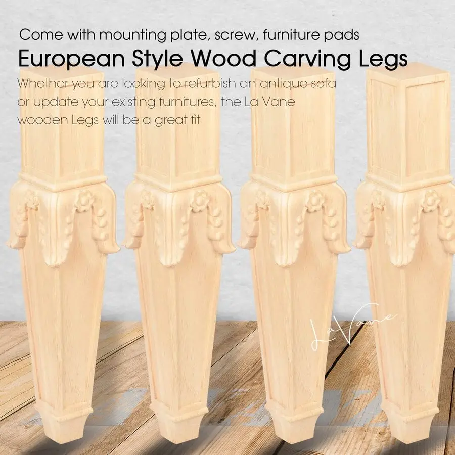 18 inch 45cm Wooden Furniture Legs, Set of 4 Solid Wood Carved Geometry Unfinished Replacement Bun Feet with Mounting Plate amp