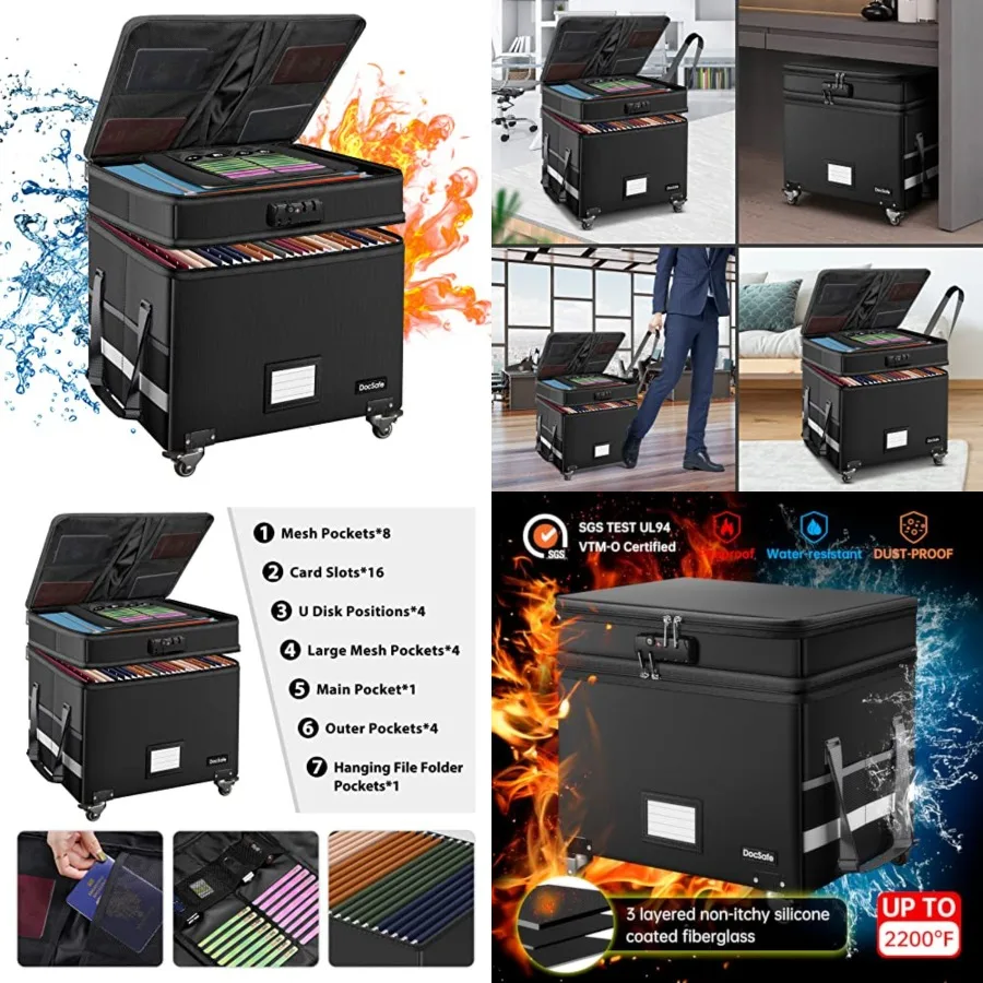 

Fireproof Document Box with Lock and 2-Layer Design for Secure File Storage Portable Collapsible Filing Cabinet with Wheels and