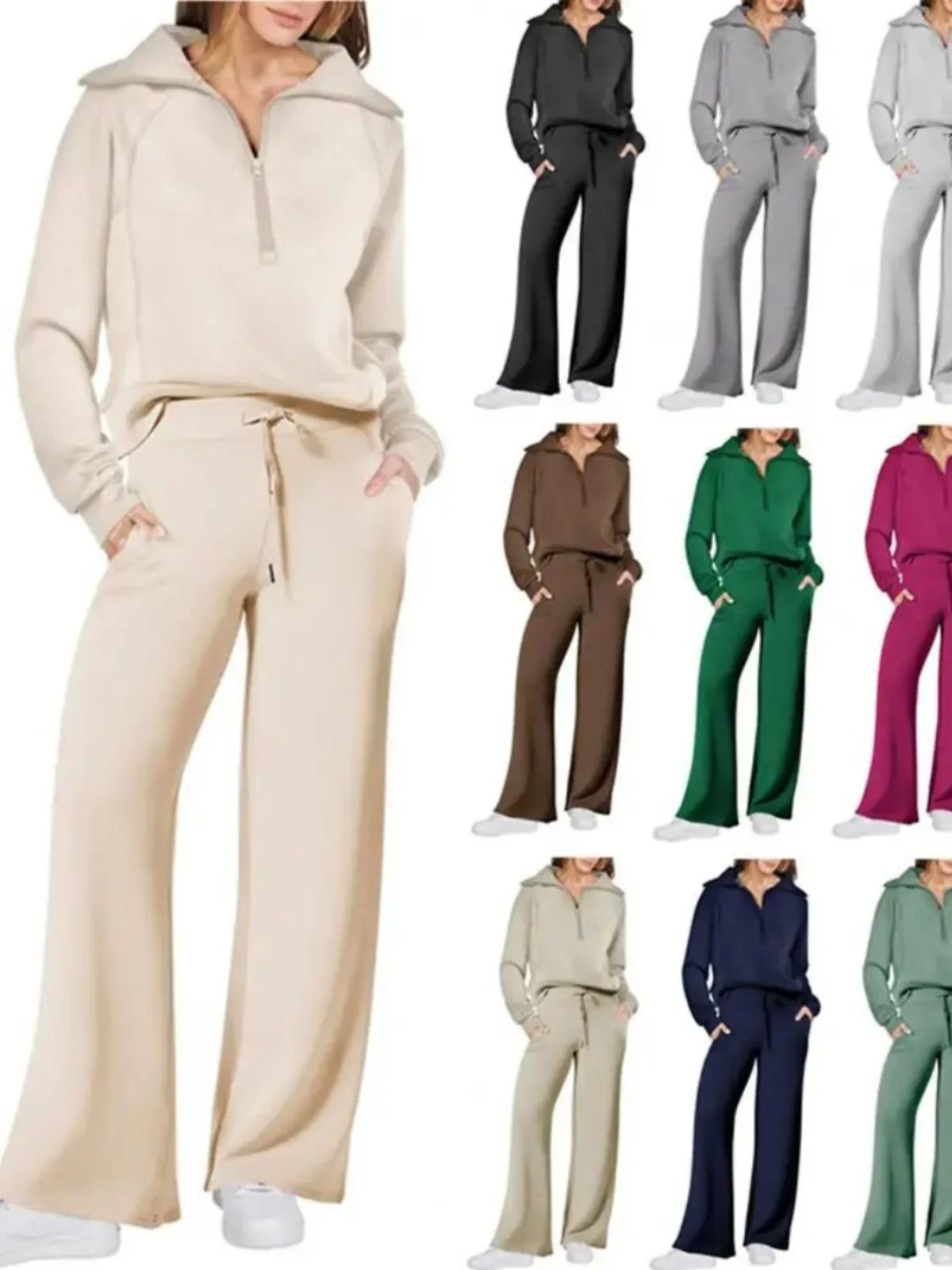 

Комплект: широкие брюки и худи на молнии, повседневная спортивная одежда для женщин, длинный рукав, полиэстер, осенняя коллекция, для возраста 25-35 лет