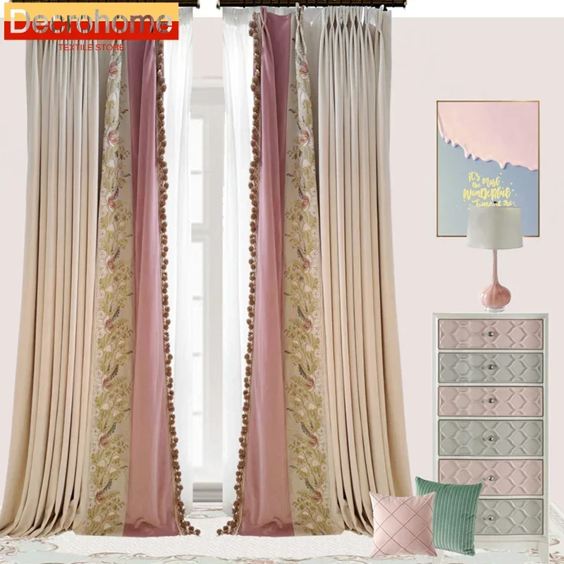 European-style Pink Princess Style Embroidery Curtains for Living Dining Room Bedroom Patchwork  High-end Curtains Customize