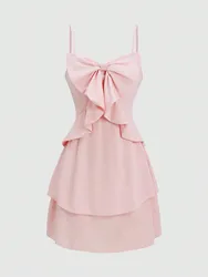 Fashionable women's waist cinched three-layer ruffle edge bow suspender dress