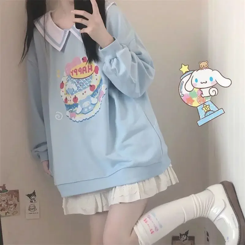 Sanrio Kuromi Print Spring Autumn Sweatshirt Preppy Loose Cartoon Pullover Girl Kawaii Girl Student O-neck Purple Top Aesthetic