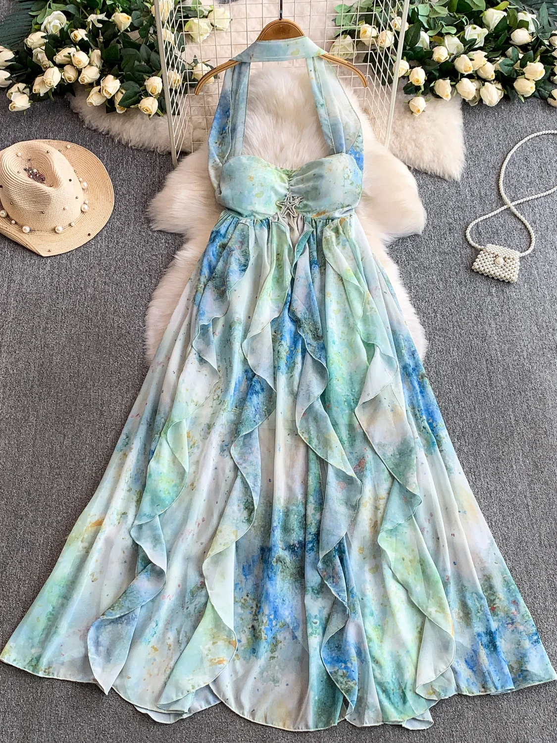 Sexy Bal Ne Hanging Long Dr Autunno da donna Bella scena fotografica Riduzione dell'età Gonna Gored con stampa floreale Dr