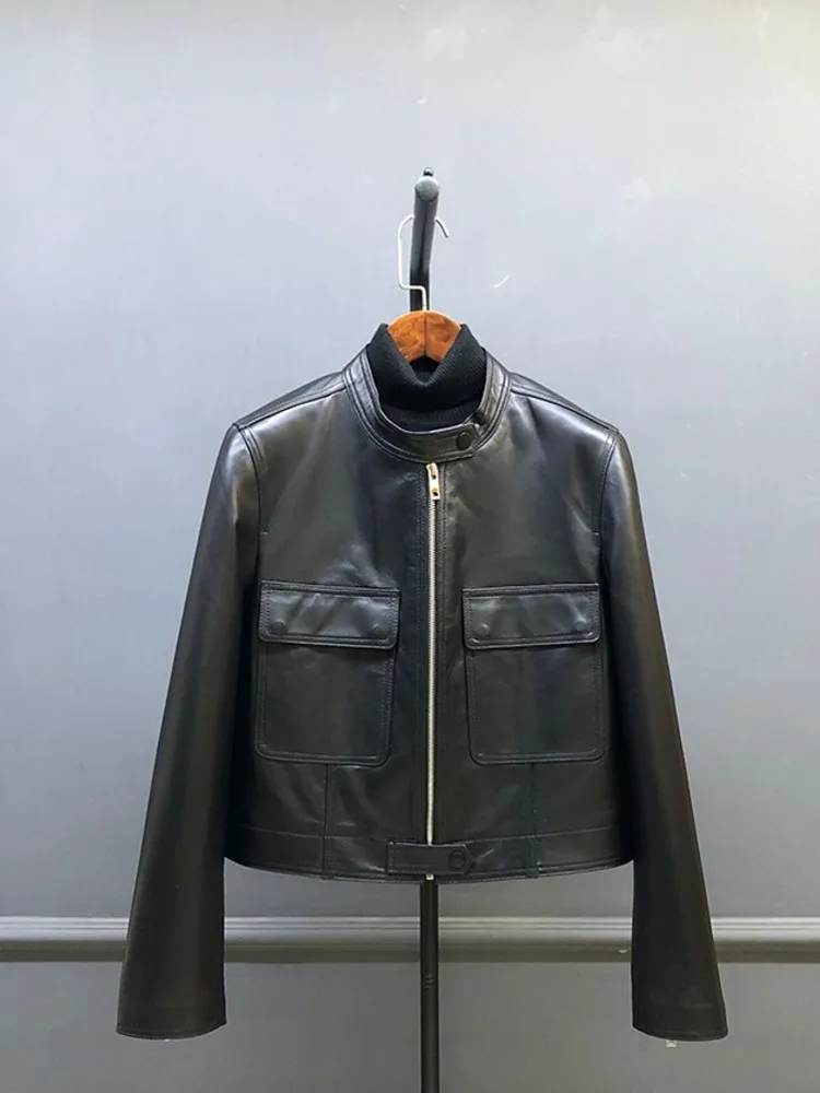 Moda femminile casual tipo sciolto pelle di pecora o collo giacca cerniera elegante donna vera pelle corta moto ciclismo capispalla